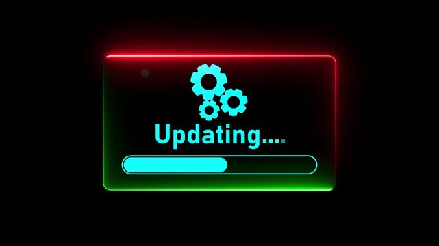 Futuristic neon software updating screen featuring glowing cyan gears, an &ldquo;Updating&rdquo; status message, and a progress bar on a dark background.