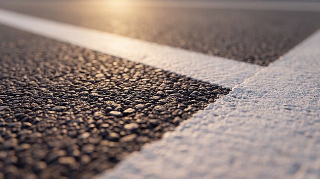 Macro Shot of Asphalt Road Surface with White Painted Line Markings in Warm Golden Sunset Light, Abstract Tarmac Texture and Roadway Construction Detail for Transport and Travel Background