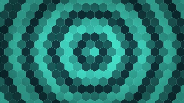 Cyan and dark green hexagon pattern background, abstract geometric honeycomb texture with circular ripple effect, seamless looping digital motion graphic
