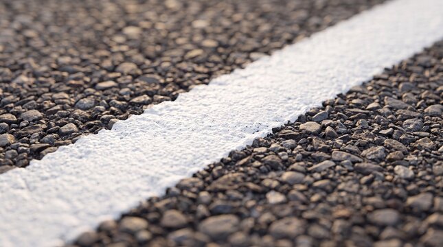 Close up macro shot of a solid white line painted on a textured asphalt road surface, highlighting the rough gravel details, granular pavement material, and selective focus for depth.
