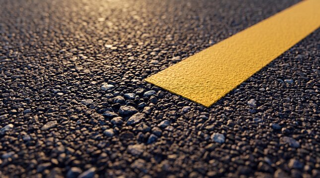 Macro Shot of Textured Asphalt Road Surface with a Solid Yellow Dividing Line Under Warm Golden Hour Sunlight, Representing Travel, Infrastructure, Transportation, and the Road Ahead Concept.