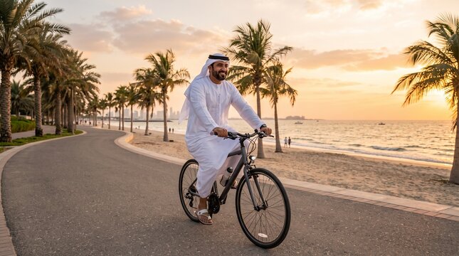 Happy Arab man in traditional white thobe and ghutra enjoying a leisurely bike ride along a scenic coastal path lined with palm trees at sunset, with a beautiful beach and ocean in the background