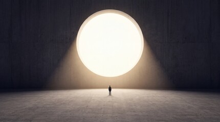 Fototapeta premium Silhouette of a tiny businessman standing before a massive glowing circular light portal in a dark minimalist architectural space, representing success, new opportunities, and core vision.
