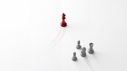 Fototapeta premium Red Chess King Leading the Way and Leaving a Trail Followed by Grey Pieces on White Background, Metaphor for Leadership, Business Strategy, Success, and Directional Core Concept