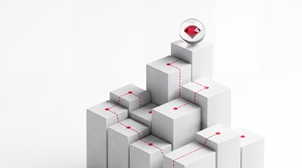 Fototapeta premium 3D Metaphor of Business Success and Career Path Featuring White Blocks with Red Dashed Line Leading to a Precious Ruby Gemstone on Top, Concept of Reaching Goals, Strategy, and Growth Achievement