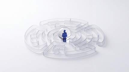 Fototapeta premium Blue human silhouette at the center of a clear glass circular maze on white background, conceptual representation of business strategy, navigating complexity, leadership, and core concepts.