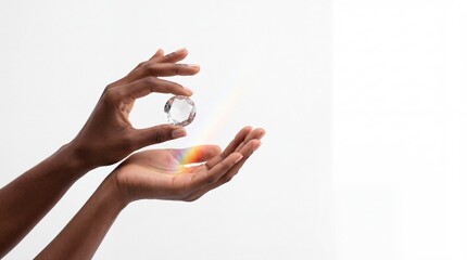 Fototapeta premium Hands of an African person holding a brilliant clear diamond crystal with a colorful rainbow light refraction over a white background, representing concepts of value, luxury, and inner beauty.