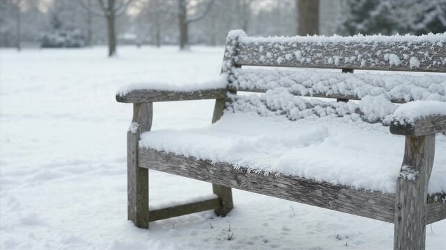 Snow-covered park bench in a quiet winter scene