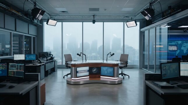 Minimalist News Anchor Desk in High Tech Studio with Foggy Cityscape Window View