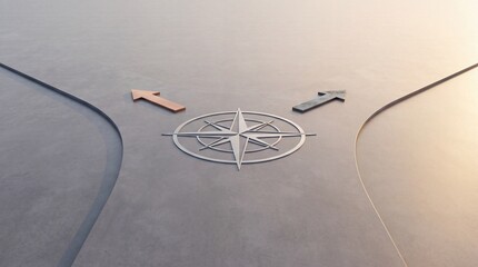 Fototapeta premium Minimalist 3D Render of a Crossroads Metaphor with Compass Rose and Directional Arrows Representing Strategic Choice, Career Path Guidance, Business Decision Making, and Future Orientation.