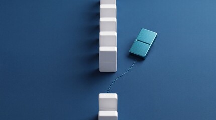 Fototapeta premium Minimalist Conceptual Image of a Single Blue Block Stepping Out of a Uniform Line of White Dominoes, Symbolizing Individuality, Leadership, Innovation, and Breaking Away from the Crowd