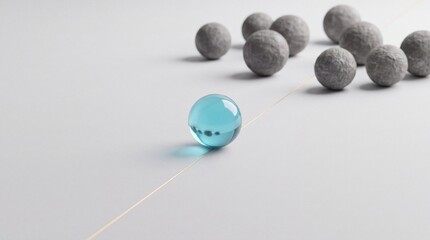 Fototapeta premium Unique blue glass sphere standing out from a group of rough grey stone balls on a minimalist surface, metaphor for innovation, leadership, individuality, and core business concept excellence.