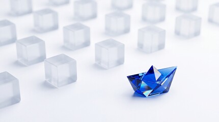 Fototapeta premium Blue Crystal Paper Boat Navigating Through a Grid of Frosted Glass Cubes on a White Background, Conceptual Metaphor for Leadership, Individuality, Innovation, Creative Vision and Standing Out.