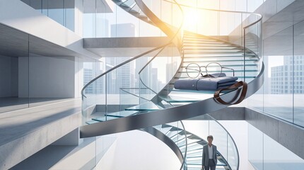 Fototapeta premium Professional Business Metaphor for Career Growth and Success Featuring a Woman Standing Under a Modern Spiral Glass Staircase with Personal Accessories in a Sunlit Office Interior