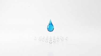 Fototapeta premium Minimalist Conceptual 3D Illustration of a Single Blue Water Drop Floating Above a Group of Transparent Drops on a White Background, Representing Leadership, Individuality, and Core Concept Selection