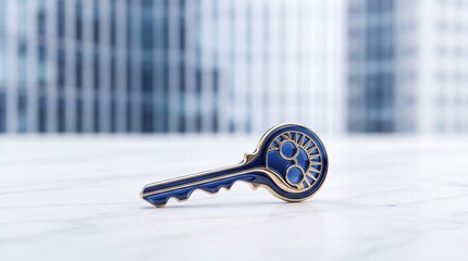 Fototapeta premium Elegant blue and gold ornamental key resting on a white marble table against a blurred modern corporate office background, representing business success, security, and innovative solutions.