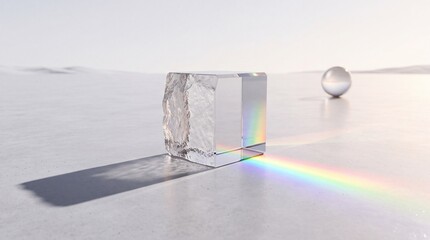 Fototapeta premium Abstract Minimalist Concept of Light Refraction Through a Transparent Glass Cube Creating a Vibrant Rainbow Spectrum on a Clean White Surface with a Glass Sphere in the Background