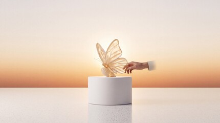 Fototapeta premium A person's hand gently reaching out to touch a delicate, translucent golden butterfly sculpture perched on a white pedestal against a soft warm sunset background, symbolizing transformation.