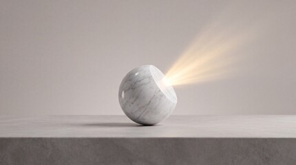Fototapeta premium Minimalist conceptual 3D render of a white marble stone sphere with a wedge removed, emitting a powerful golden beam of light from its center, symbolizing discovery, core identity, and hope.