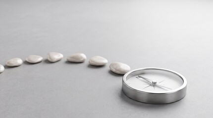 Fototapeta premium Minimalist business concept featuring a silver metallic compass and a trail of white smooth stones on a gray background, symbolizing strategic direction, leadership, guidance, and pathfinding.