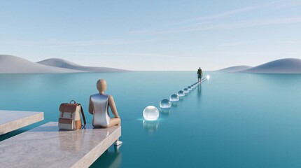 Fototapeta premium Surreal 3D conceptual illustration of a wooden mannequin sitting on a marble ledge with a backpack, observing a trail of glowing crystal spheres on a calm blue sea leading toward a distant figure.