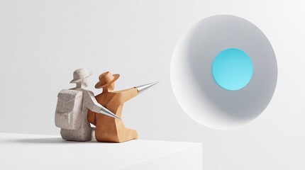 Fototapeta premium Abstract minimalist 3D illustration of two stylized explorer figures pointing towards a glowing blue core inside a sphere, representing discovery, vision, reaching goals, and finding the essential