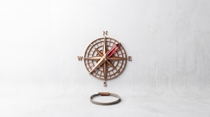 Fototapeta premium Abstract Metaphor of Core Business Concept Featuring a Bronze Compass Rose on a Textured White Wall with a Decorative Rope Bracelet for Strategic Direction, Navigation, and Leadership Goals