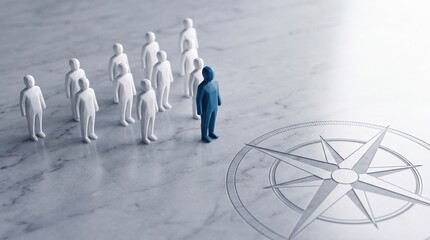 Fototapeta premium Conceptual image of a blue leader figure guiding a group of white human models on a marble floor featuring a compass rose, symbolizing business leadership, vision, strategic direction, and team
