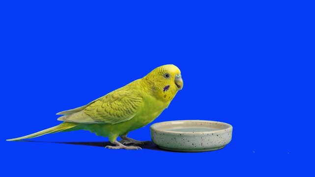 Green budgerigar parrot standing and drinking water from a bowl isolated on a chroma key blue screen background. Perfect for pet care promotions, veterinary clinic advertising, exotic bird guides, edu