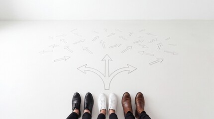 Fototapeta premium Top View Concept of Decision Making and Strategic Choice with Diverse Team Members Standing Before Multiple Directional Arrows Illustrating Career Paths and Business Goal Selection on White Background