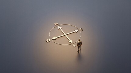 Fototapeta premium Minimalist 3D Illustration of a Golden Human Figure Standing Next to a Large Glowing Compass Symbol on a Dark Background, Representing Strategic Direction, Career Guidance, and Business Decisions