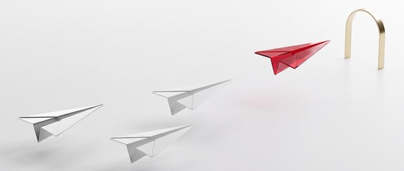 Fototapeta premium Red paper plane leading white paper planes towards a golden arch on a white background, representing leadership, success, business vision, and innovative direction in a minimalist style.