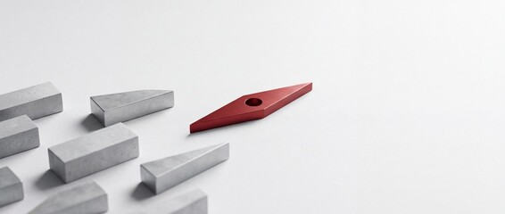 Fototapeta premium Minimalist conceptual business metaphor showing a red compass needle leading a group of gray concrete blocks on a white background, symbolizing leadership, vision, and strategic direction.