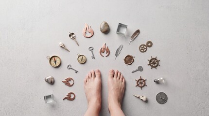 Fototapeta premium Conceptual Top View of Bare Feet Surrounded by Metaphorical Objects Including Compasses, Keys, and Fire Icons Representing Life Choices, Destiny, and the Core Journey of Self-Discovery