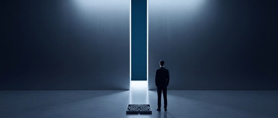 Fototapeta premium Ambitious Businessman Standing Before a Giant Wall with a Narrow Path of Light and a Maze on the Floor, Conceptual Metaphor for Finding Solutions, Career Growth, and Overcoming Complex Challenges