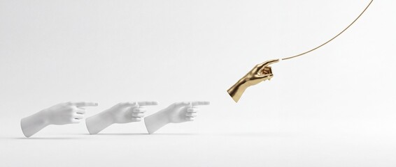 Fototapeta premium Conceptual Business Leadership Metaphor of a Golden Hand Pointing Towards a Golden Path While White Hands Follow, Symbolizing Individuality, Success, and Standing Out from the Crowd