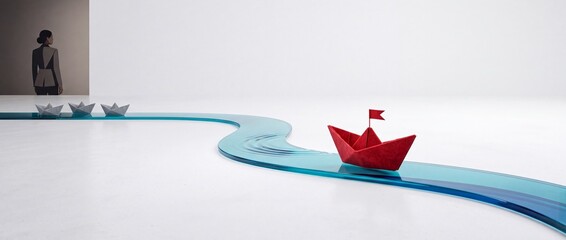 Fototapeta premium Concept of Leadership and Visionary Direction Featuring a Red Paper Boat with a Flag Leading Grey Boats Along a Winding Blue Path with a Businesswoman Watching in a Minimalist Studio Environment