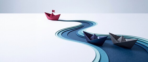 Fototapeta premium Conceptual paper craft illustration showing a red paper boat leading the way ahead of others on a winding blue paper river, symbolizing leadership, vision, and business strategy in a clean style.
