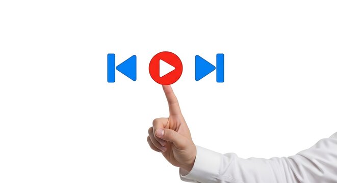 Play icon set pressed by finger on a clean white background