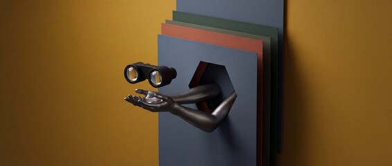 Fototapeta premium Conceptual Image of Stylized Hands Reaching Through a Geometric Hexagon Opening to Hold Floating Binoculars, Representing Vision, Future Strategy, Business Foresight, and Creative Exploration