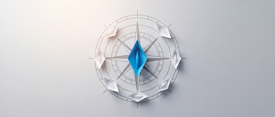 Fototapeta premium Blue paper boat leading white boats on a compass rose symbol, representing leadership, strategic navigation, business direction, and uniqueness in a minimalist conceptual composition.