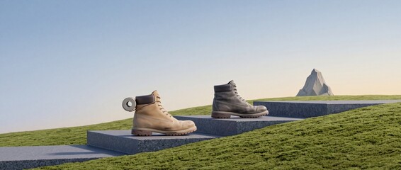 Fototapeta premium Conceptual representation of a journey to success featuring leather boots on stone steps leading toward a mountain peak, symbolizing career growth, personal progress, and life goals.