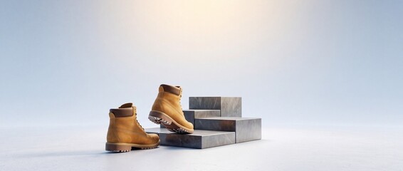 Fototapeta premium Yellow leather work boots stepping onto stone stairs as a metaphor for career progress, success, and personal achievement against a bright clean background