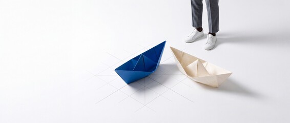 Fototapeta premium Business Metaphor of Leadership and Strategic Direction with a Person Standing Near Blue and White Origami Paper Boats on a White Grid Background Representing Decision Making and Success