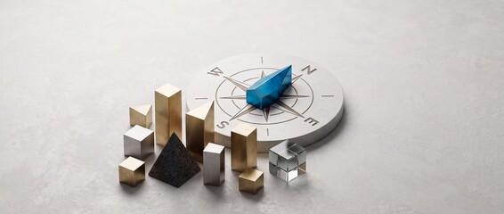 Fototapeta premium Strategic Business Direction and Growth Concept with Modern Geometric Building Blocks and Stylized Stone Compass on Minimalist Background for Professional Corporate Navigation Metaphor