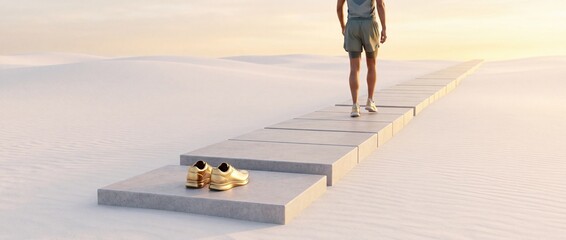 Fototapeta premium Conceptual image of a man walking on a long stone path through white desert dunes at sunset, leaving behind a pair of golden shoes as a metaphor for starting a new life journey and transformation.
