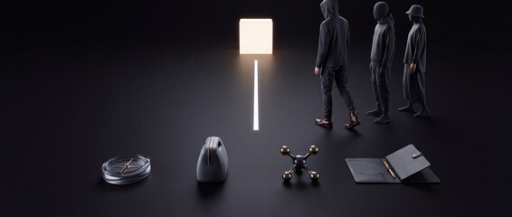 Fototapeta premium Surreal conceptual 3D illustration of faceless figures walking toward a glowing light cube with symbolic objects like a compass and portfolio representing vision, direction, and business strategy.