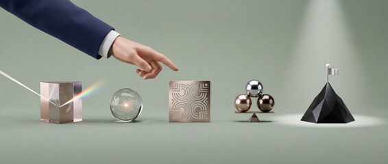 Fototapeta premium Businessman Hand Selecting Metaphorical Abstract Objects Representing Innovation Vision Stability and Success as a Concept for Business Strategy Planning and Corporate Growth