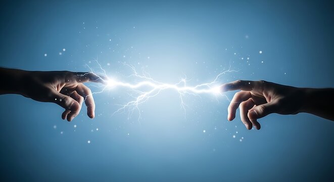 Two hands nearly touch with electric spark and energy connection on blue