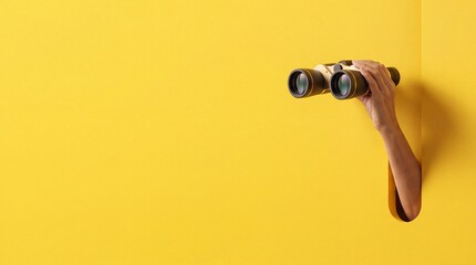 Fototapeta premium Minimalist Concept of a Hand Holding Binoculars Emerging from a Yellow Wall with Large Negative Space on the Left for Business Vision, Discovery, Searching, and Future Planning Themes